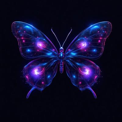 The primary subject of the image is a blue butterfly with purple wings. The butterfly is the main focus of the image, and it is displayed against a dark background. The visual style of the image is digital art, as it appears to be a computer-generated or digitally edited butterfly. The dominant colors in the image are blue and purple, creating a calm and serene atmosphere.